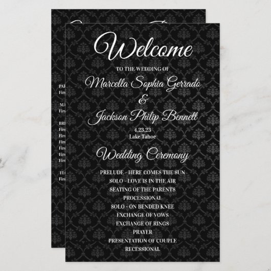 Classic Black Pattern Wedding Program (Voorkant / Achterkant)