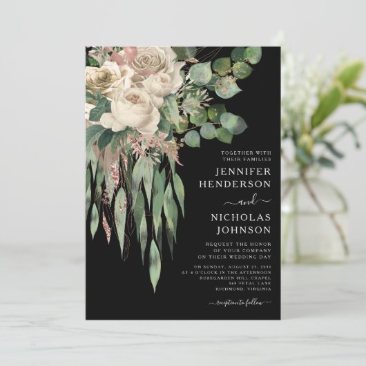 Classic Black Peonies Wedding Kaart (Staand voorkant)