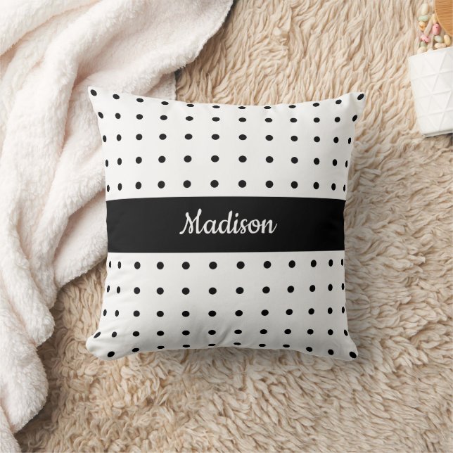 Classic Black Polka Dot Pattern op White met Name Kussen (Deken)