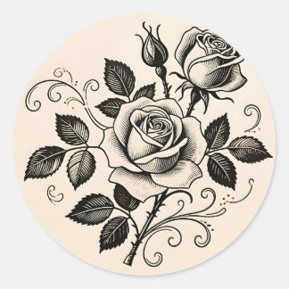 Classic Black Rose Vintage Botanical Bloom Ronde Sticker