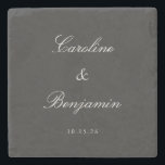 Classic Black Script Elegant Weddenschap Aangepast Stenen Onderzetter<br><div class="desc">Vier uw speciale dag met dit gepersonaliseerde stenen onderzetter, met een minimalistisch ontwerp dat tijdloze elegantie uitstraalt. Perfect voor bruiloften of jubilea, dit onderzetter toont uw namen en datum in een delicaat script tegen een natuurlijke leisteen-grijze achtergrond, het aanbieden van een verfijnde en functionele aandenken. Ideaal als een unieke gunst...</div>