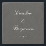 Classic Black Script Elegant Weddenschap Aangepast Stenen Onderzetter<br><div class="desc">Vier uw speciale dag met dit gepersonaliseerde stenen onderzetter, met een minimalistisch ontwerp dat tijdloze elegantie uitstraalt. Perfect voor bruiloften of jubilea, dit onderzetter toont uw namen en datum in een delicaat script tegen een natuurlijke leisteen-grijze achtergrond, het aanbieden van een verfijnde en functionele aandenken. Ideaal als een unieke gunst...</div>