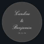 Classic Black Script Elegant Wedding Custom Ronde Sticker<br><div class="desc">Stijlvolle formele klassieke klassieke traditionele scriptversie van elegante weddenschappen Aangepaste klassieke Ronde Sticker met zwarte achtergrond en witte tekst</div>
