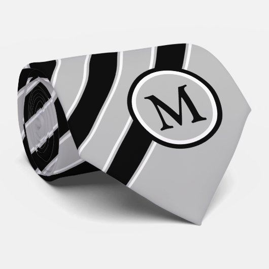 Classic Black Silver Grey Stripes Monogram Initiaa Stropdas (Opgerold)