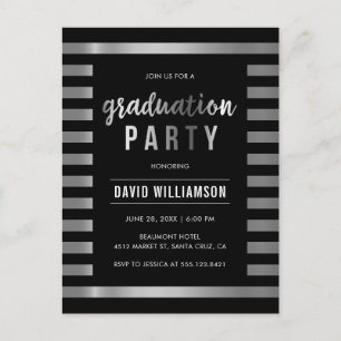 Classic Black & Silver Stripes Graduparty Uitnodiging Briefkaart
