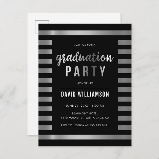Classic Black & Silver Stripes Graduparty Uitnodiging Briefkaart (Voorkant / Achterkant)