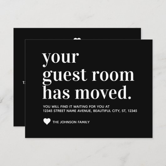 Classic Black Typography Guest Room Moved Moving Aankondiging (Voorkant / Achterkant)