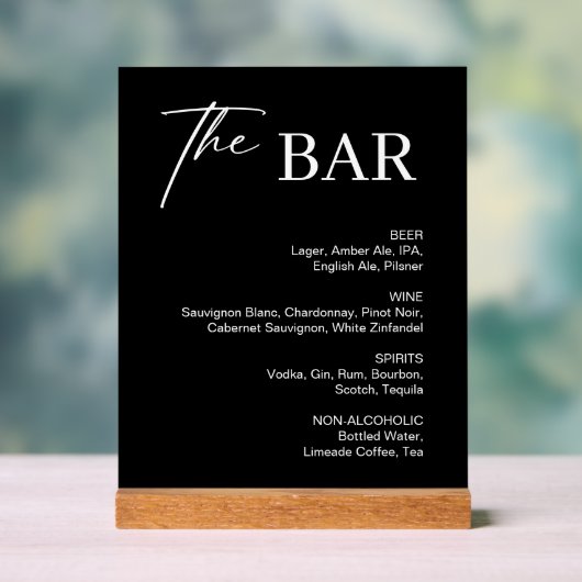 Classic Black Wedding Bar Menu Acryl Bord (Neutraal)