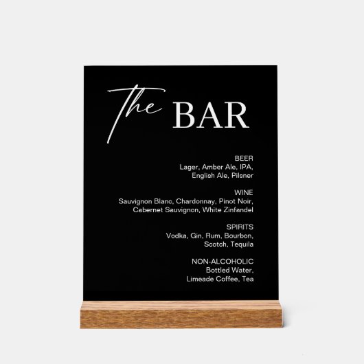 Classic Black Wedding Bar Menu Acryl Bord (Voorkant)