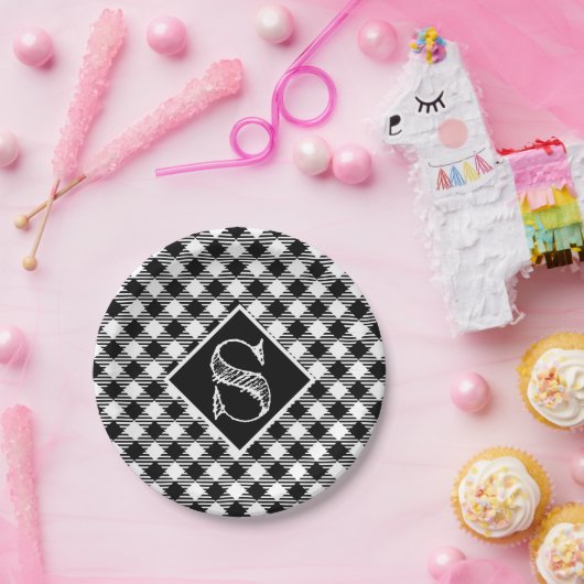 Classic Black White Buffalo Squares Monogram Papieren Bordje (Feest)