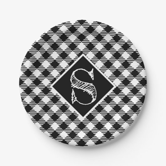Classic Black White Buffalo Squares Monogram Papieren Bordje (Voorkant)