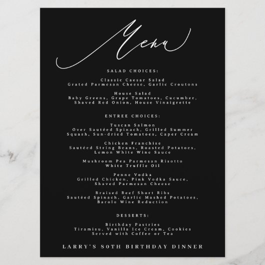 Classic Black White Calligraphy Birthday Menu (Voorkant)