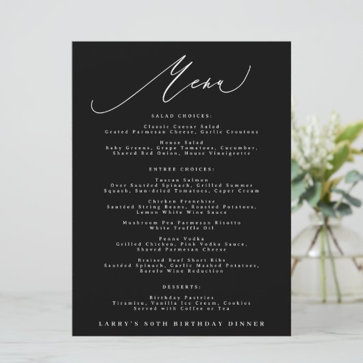 Classic Black White Calligraphy Birthday Menu (Staand voorkant)