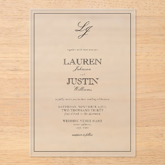 Classic Black & White Calligraphy Monogram Weddens Acryl Uitnodigingen (Voorkant)