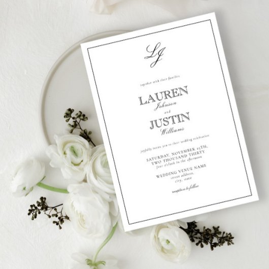 Classic Black & White Calligraphy Monogram Weddens Kaart