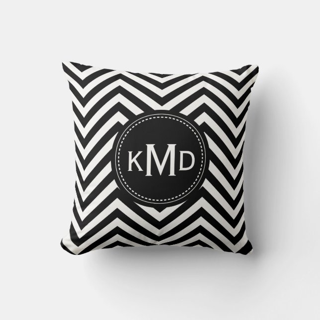 Classic Black White Chevron Trio Monogram Kussen (Voorkant)
