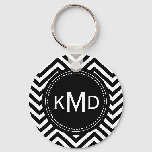 Classic Black White Chevron Trio Monogram Sleutelhanger (Voorkant)