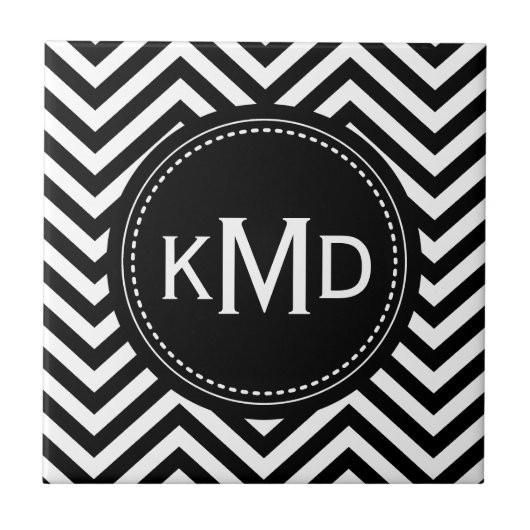 Classic Black White Chevron Trio Monogram Tegeltje (Voorkant)