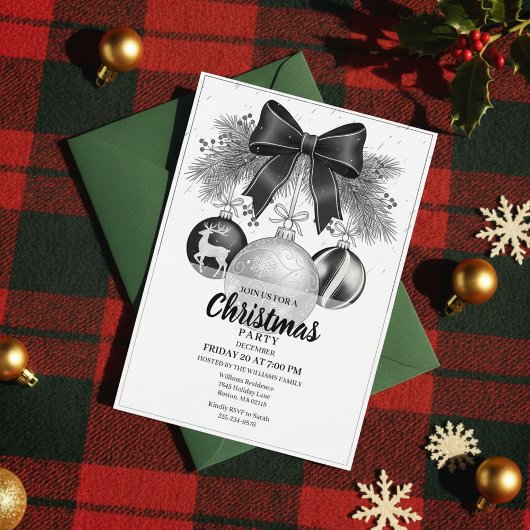 Classic Black White Christmas Party Invite Kaart