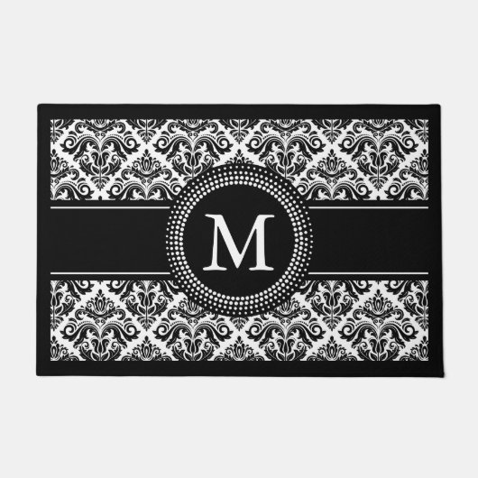 Classic Black White Damask Floral Pattern Monogram Deurmat (Voorkant)