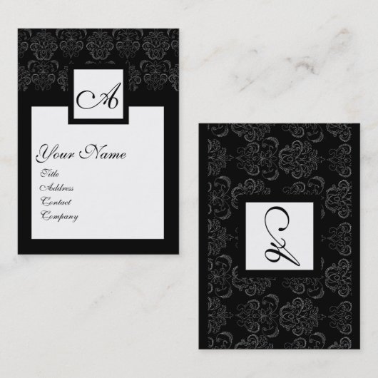CLASSIC BLACK WHITE DAMASK FLORAL SQUARE MONOGRAM VISITEKAARTJE (Voorkant / Achterkant)