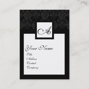 CLASSIC BLACK WHITE DAMASK FLORAL SQUARE MONOGRAM VISITEKAARTJE