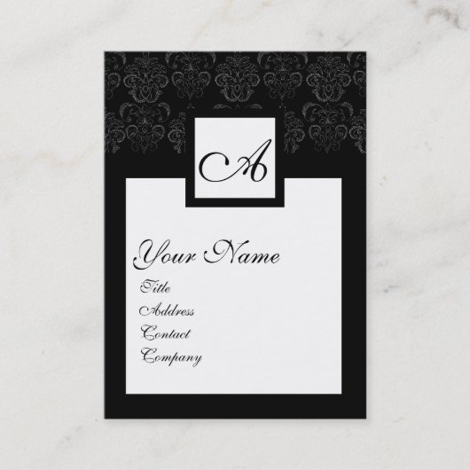 CLASSIC BLACK WHITE DAMASK FLORAL SQUARE MONOGRAM VISITEKAARTJE (Voorkant)