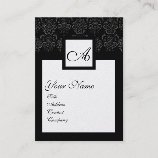 CLASSIC BLACK WHITE DAMASK SQUARE MONOGRAM Pearl Visitekaartje (Voorkant)