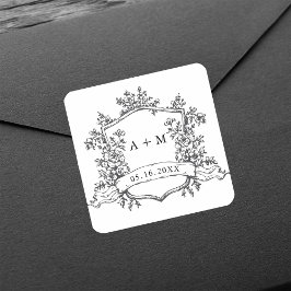 Classic Black & White Floral Crest Monograms Vierkante Sticker