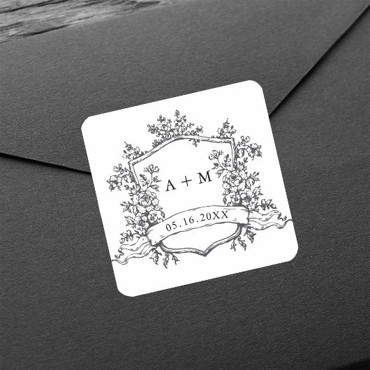 Classic Black & White Floral Crest Monograms Vierkante Sticker