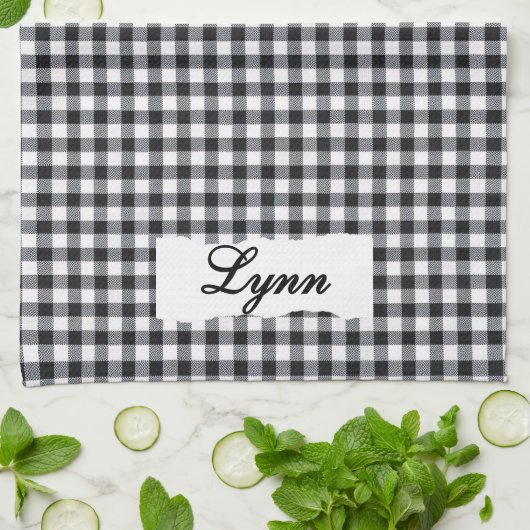 Classic Black & White Gingham | Personalized Name Theedoek (Gevouwen)