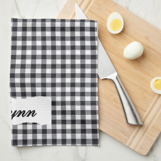 Classic Black & White Gingham | Personalized Name Theedoek (Quarter Fold)