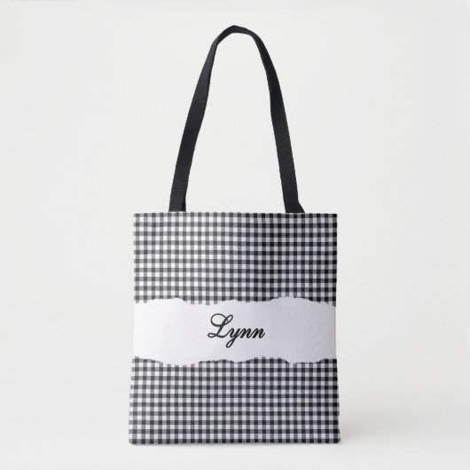 Classic Black & White Gingham | Personalized Name Tote Bag (Voorkant)