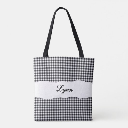 Classic Black & White Gingham | Personalized Name Tote Bag (Achterkant)