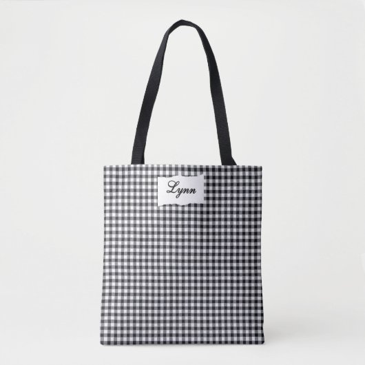 Classic Black & White Gingham | Personalized Name Tote Bag (Voorkant)