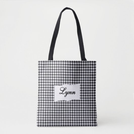 Classic Black & White Gingham | Personalized Name Tote Bag (Voorkant)