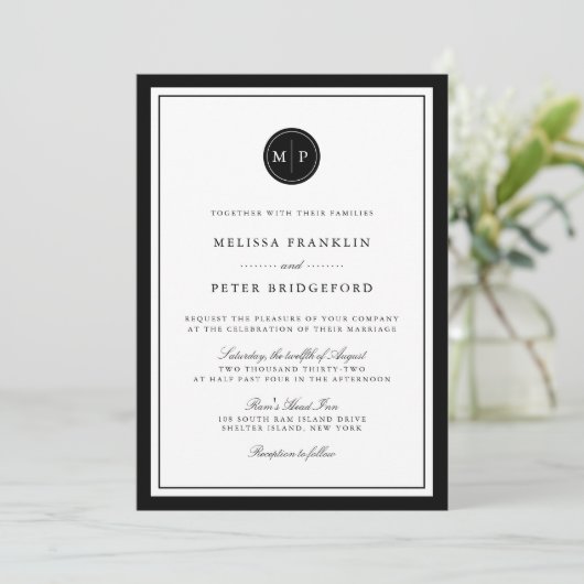 Classic Black & White Monogram Wedding Invitation Kaart (Staand voorkant)