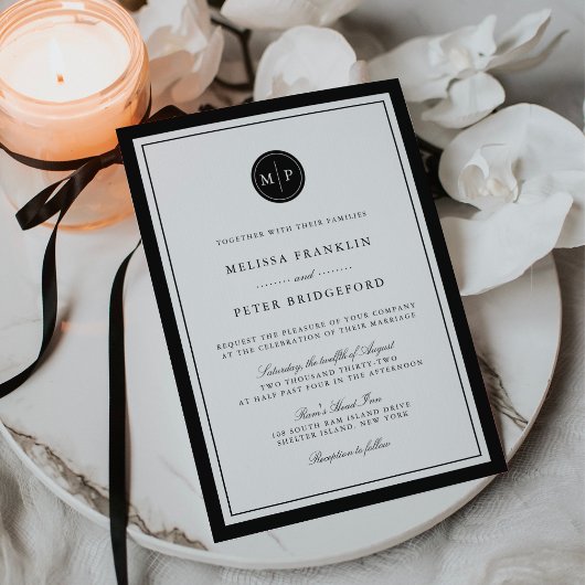 Classic Black & White Monogram Wedding Invitation Kaart