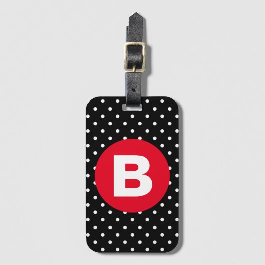 Classic Black & White Polka Dot with Red Monogram Bagagelabel (Voorkant (verticaal))