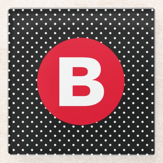Classic Black & White Polka Dot with Red Monogram Glazen Onderzetter (Voorkant)