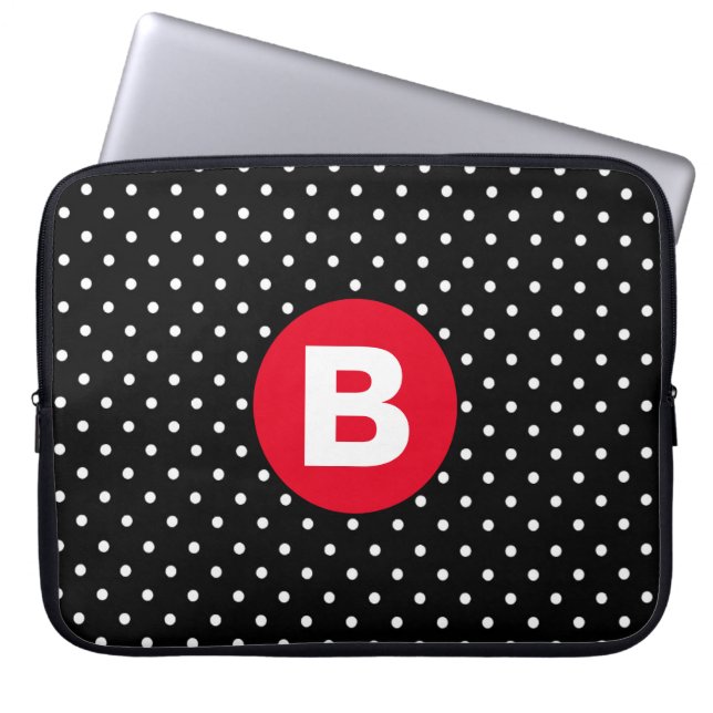 Classic Black & White Polka Dot with Red Monogram Laptop Sleeve (Voorkant)