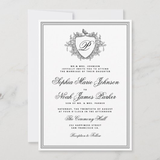 Classic black white QR formal monogram wedding  Kaart (Voorkant)