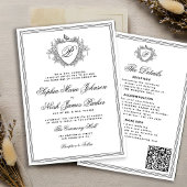 Classic black white QR formal monogram wedding  Kaart