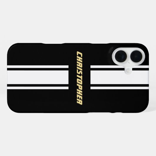 Classic Black White Racing Stripes Gold Monogram iPhone Hoesje (Achterkant horizontaal)
