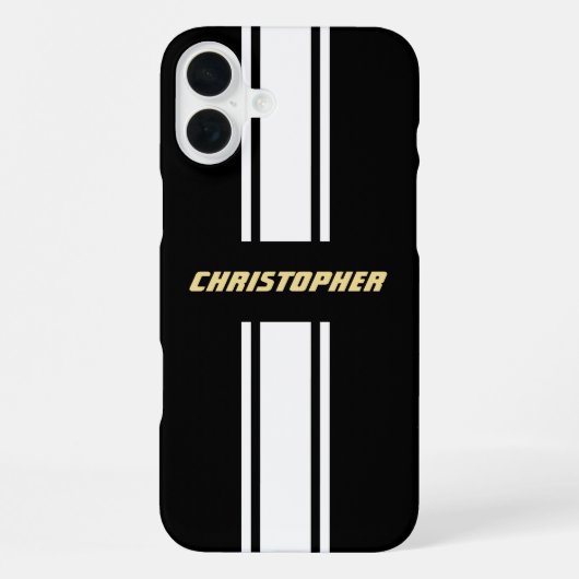 Classic Black White Racing Stripes Gold Monogram iPhone Hoesje (Achterkant)