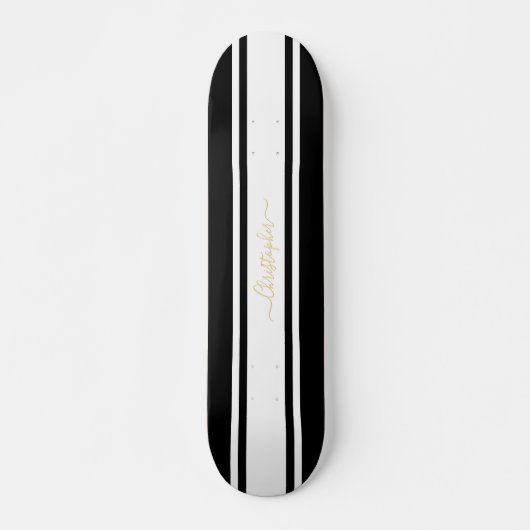 Classic Black White Racing Stripes Gold Monogram Persoonlijk Skateboard (Voorkant)