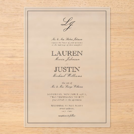 Classic Black & White Script Monogram Weddenschap Acryl Uitnodigingen (Voorkant)