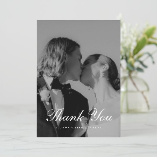 Classic Black & White Script Wedding Photo Bedankkaart (Staand voorkant)