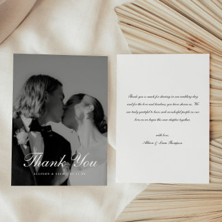 Classic Black & White Script Wedding Photo Bedankkaart