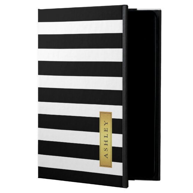 Classic Black White Stripe Pattern Gold Label Name (Voorkant)